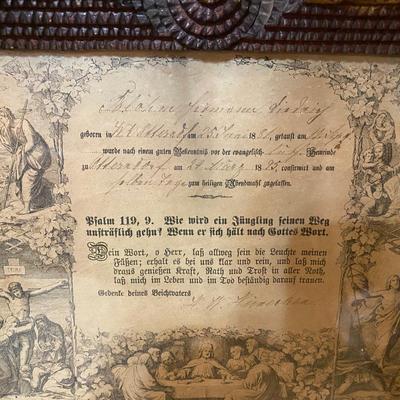 19th Century “Tramp Art” frame with German religious certificate