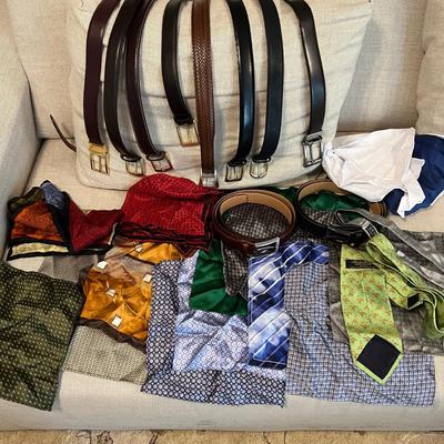 Men’s Accessories Lot - Silk Pocket Squares, Leather Belts