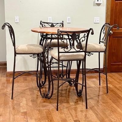 ASHLEY ~ Pine & Wrought Iron Style Iron Pub Table & Four (4) Chairs