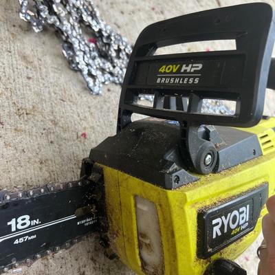 RYOBI 18 in. Battery Chainsaw, Batteries, Charger, New Chains, etc,