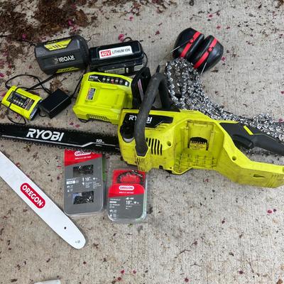 RYOBI 18 in. Battery Chainsaw, Batteries, Charger, New Chains, etc,