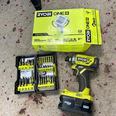 Ryobi Lot - Pressure Gauge, Drill, Bits, Battery