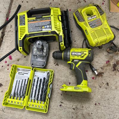 Ryobi Lot - Drill, Bits, Inflator/Deflator, Charger & Battery