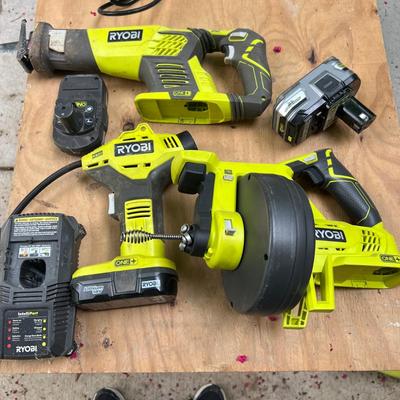 Ryobi Lot - Drain Auger, Pressure Inflator, Reciprocating Saw, 2 Batteries, Charger