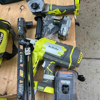 Ryobi Lot - Airstrike Nailgun, Angle Grinder, 2 Batteries, Charger