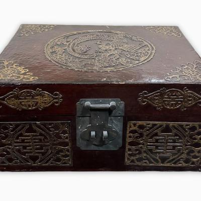 Leather wrapped box with brass inlay 14" wide x 12" deep x 7" tall
