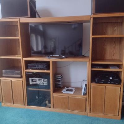 Impressive Four Piece Oak Finish Media Cabinet and Bookcase (No Contents)