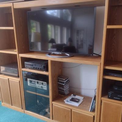 Impressive Four Piece Oak Finish Media Cabinet and Bookcase (No Contents)