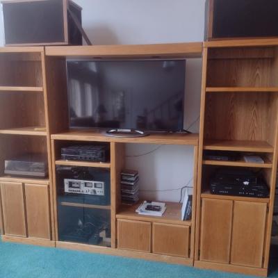 Impressive Four Piece Oak Finish Media Cabinet and Bookcase (No Contents)