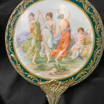 Hand painted porcelain and silver Hand Mirror