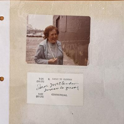 Sarah McClendon Photo album page. Signature and photo from backstage at The Merv Griffin show. 1980's