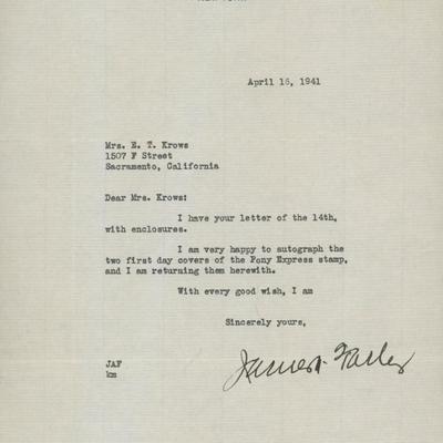 James A. Farley signed letter