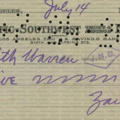 Zane Grey signed check