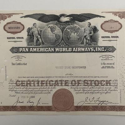 Pan American World Airways, INC Five Shares Certificate of Stock