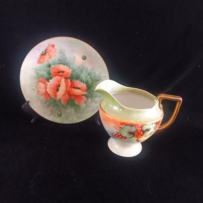 HAND PAINTED PLATE FROM GERMANY AND SMALL CHINA PITCHER