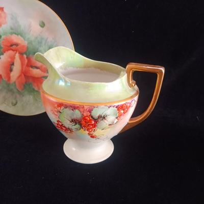 HAND PAINTED PLATE FROM GERMANY AND SMALL CHINA PITCHER