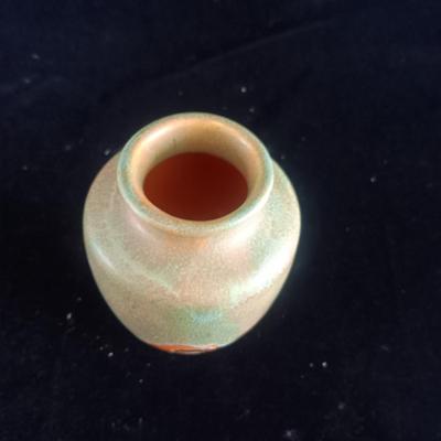 CLAY VASE, SMALL GLASS PAPER WEIGHT AND MINIATURE DOG AND FOX