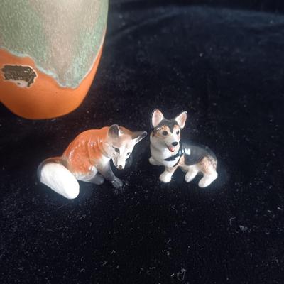 CLAY VASE, SMALL GLASS PAPER WEIGHT AND MINIATURE DOG AND FOX