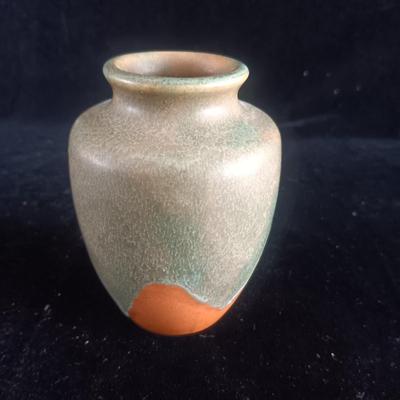 CLAY VASE, SMALL GLASS PAPER WEIGHT AND MINIATURE DOG AND FOX
