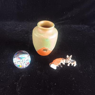 CLAY VASE, SMALL GLASS PAPER WEIGHT AND MINIATURE DOG AND FOX