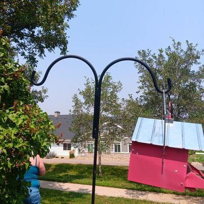 DOUBLE SHEPHERDS HOOK AND A METAL BIRD FEEDER