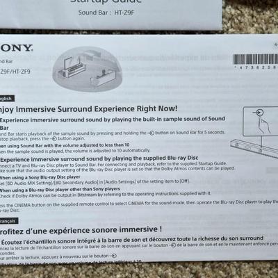 Sony Sound Bar Model: SA-Z9F & Sub Woofer Model: SA-WZ9F with Remote and Manuals