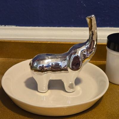 Green Acrylic Soap Dish, White Ceramic Jar, and Elephant Ring Dish
