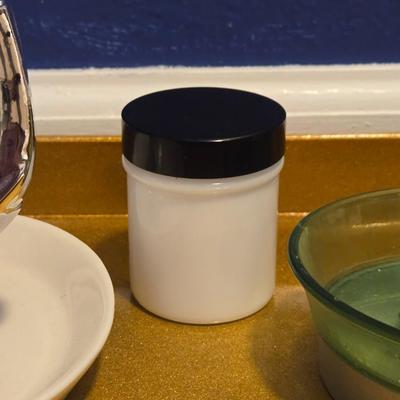 Green Acrylic Soap Dish, White Ceramic Jar, and Elephant Ring Dish