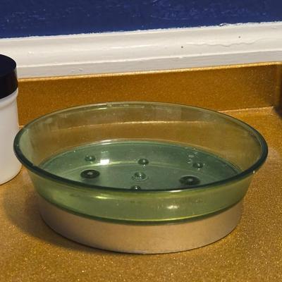 Green Acrylic Soap Dish, White Ceramic Jar, and Elephant Ring Dish