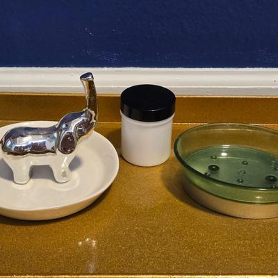 Green Acrylic Soap Dish, White Ceramic Jar, and Elephant Ring Dish