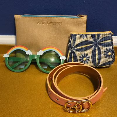 Mixed Access Lot - Funny Sunglasses, Peachy Pink Coral Belt, and (2) Makeup Bags
