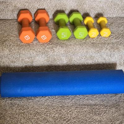 8, 5, and 2 Lb Weights and Yoga Mat