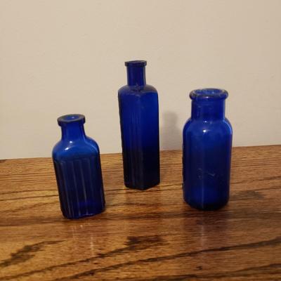 Three Blue Vintage Glass Bottles (P-KD)