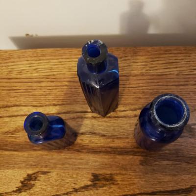 Three Blue Vintage Glass Bottles (P-KD)
