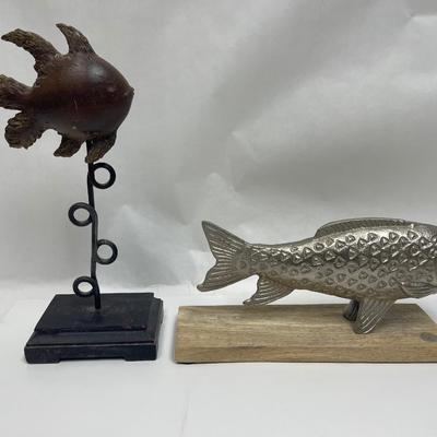 2 Fish Statue Decor Pieces - one metal, one wood