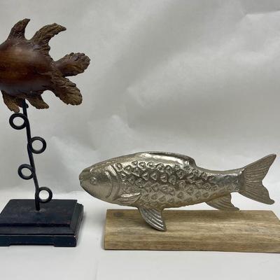 2 Fish Statue Decor Pieces - one metal, one wood