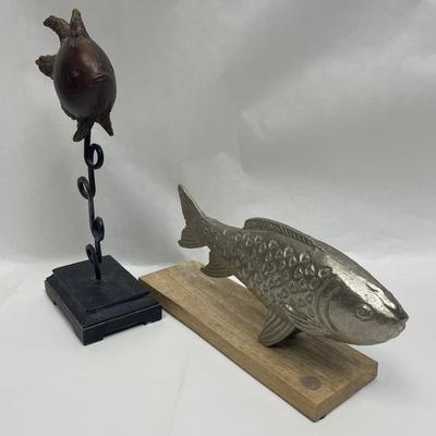2 Fish Statue Decor Pieces - one metal, one wood