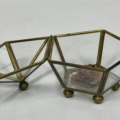 Vintage Leaded Glass & Brass Pentagon Lidded Trinket Box Display Case