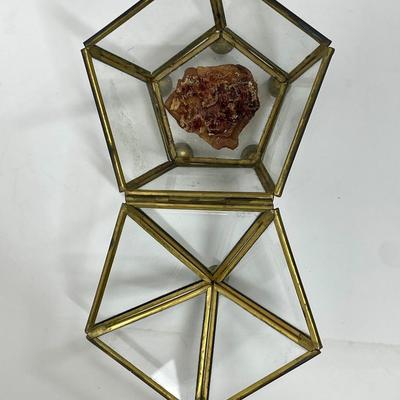 Vintage Leaded Glass & Brass Pentagon Lidded Trinket Box Display Case