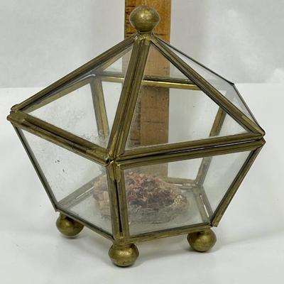 Vintage Leaded Glass & Brass Pentagon Lidded Trinket Box Display Case
