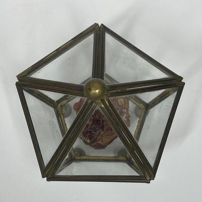 Vintage Leaded Glass & Brass Pentagon Lidded Trinket Box Display Case