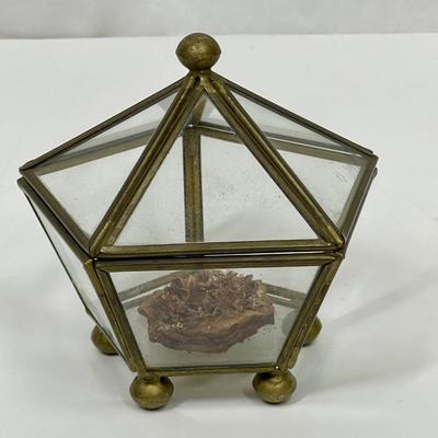 Vintage Leaded Glass & Brass Pentagon Lidded Trinket Box Display Case