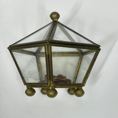 Vintage Leaded Glass & Brass Pentagon Lidded Trinket Box Display Case