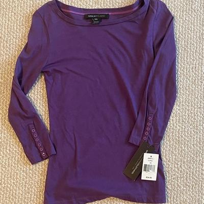 Brand New w/Tags - Great Plains Women's Purple Long-Sleeved Tee with Button-Adorned Sleeves (Size XS)