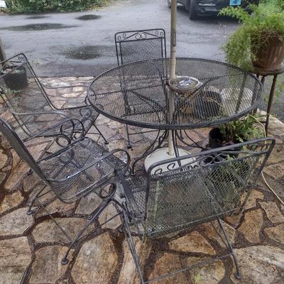 Wrought Metal Five Piece Patio Set with Spring Rocker Style Chairs includes Umbrella