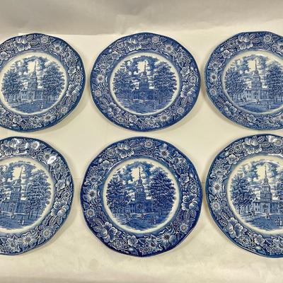 Lot of 6 Vintage Staffordshire Ironstone Liberty Blue Independence Hall Dinner Plate 9.75"