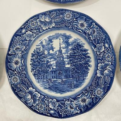 Lot of 6 Vintage Staffordshire Ironstone Liberty Blue Independence Hall Dinner Plate 9.75"