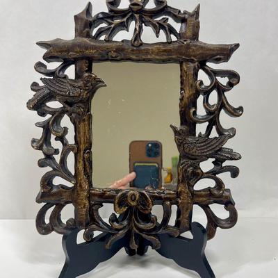 Wall Hanging Mirror Faux Wood with Bird Design Frame