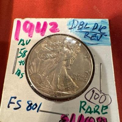 1942 WALKING LIBERTY MS60 DOUBLE DIE REV RARE