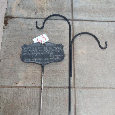METAL STAKED GARDEN SIGN AND DOUBLE SHEPHERDS HOOK